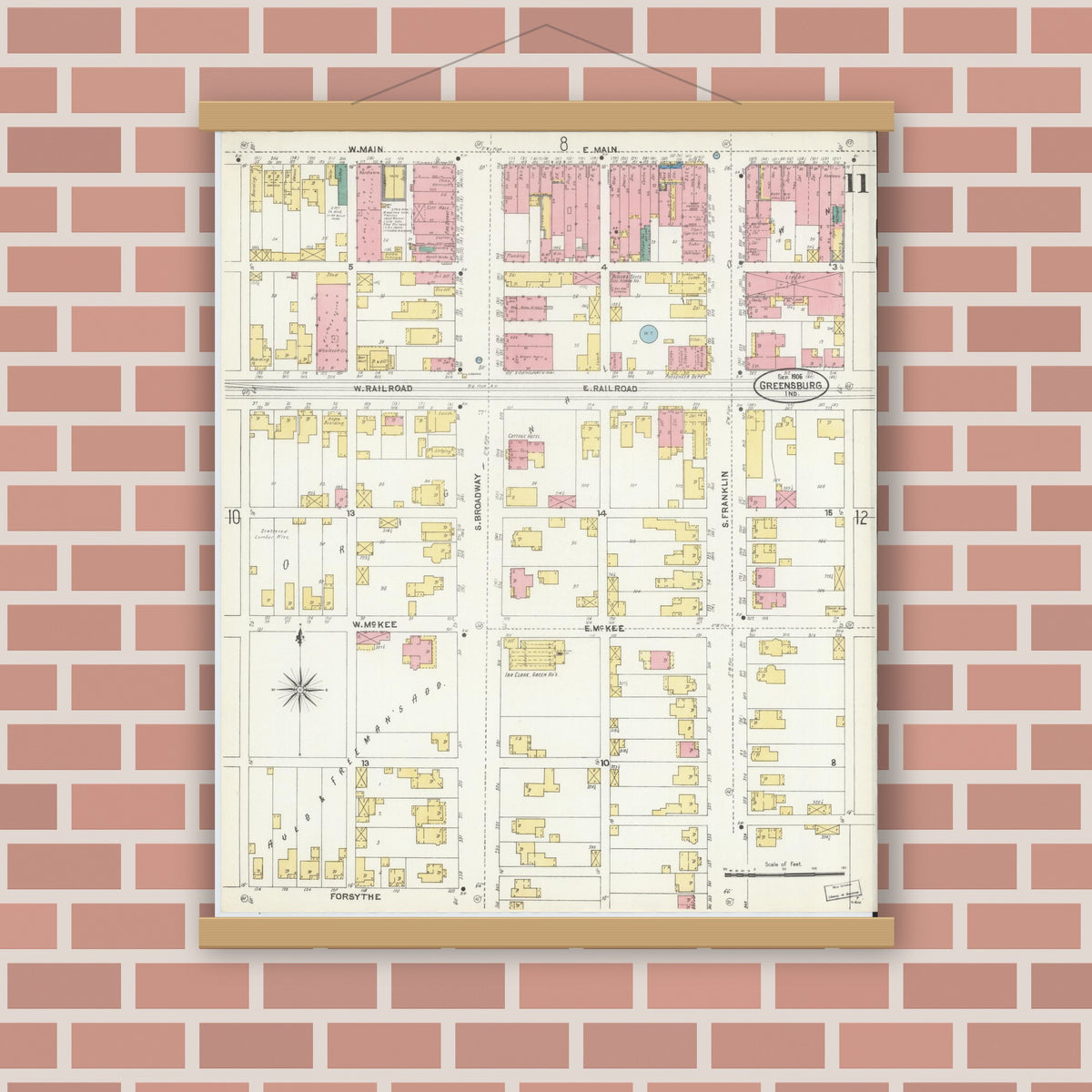 Old map wall art mockup — magnetic wood frame on brick wall — Sanborn Fire Insurance Map from Greensburg, Decatur County, Indiana (1906), Sheet #0011
