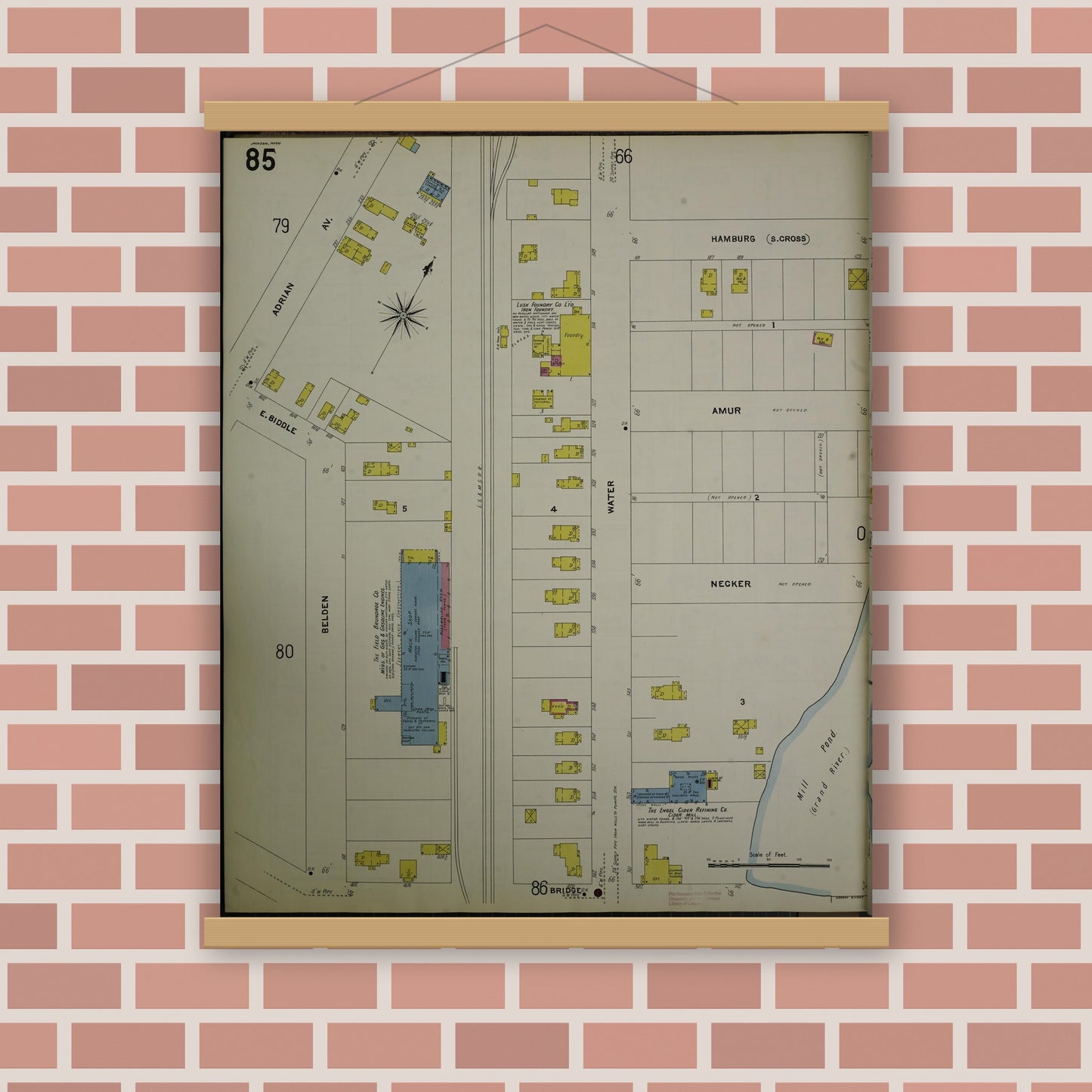 Old map wall art mockup — magnetic wood frame on brick wall — Sanborn Fire Insurance Map from Jackson, Jackson County, Michigan (1907), Sheet #0085