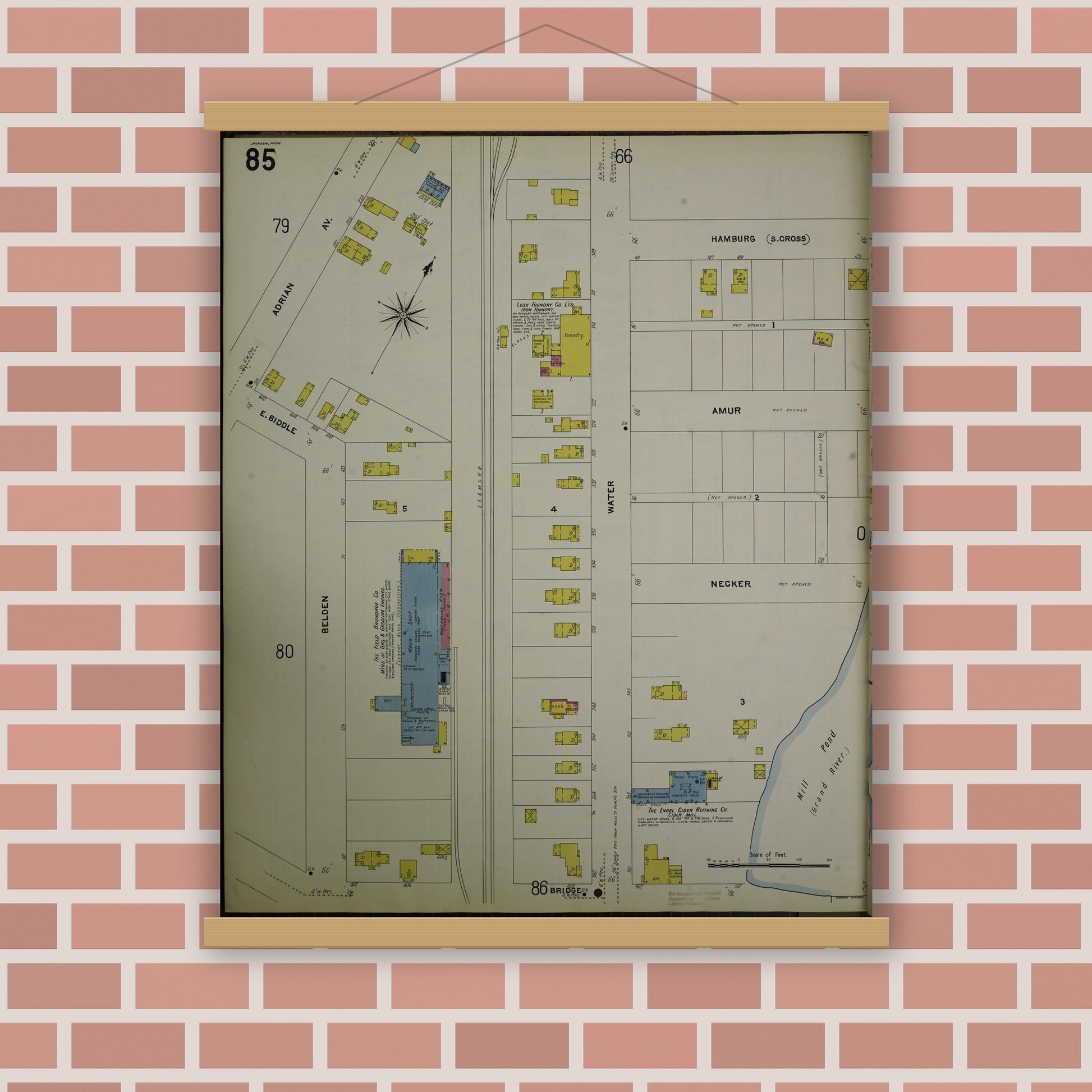 Old map wall art mockup — magnetic wood frame on brick wall — Sanborn Fire Insurance Map from Jackson, Jackson County, Michigan (1907), Sheet #0085