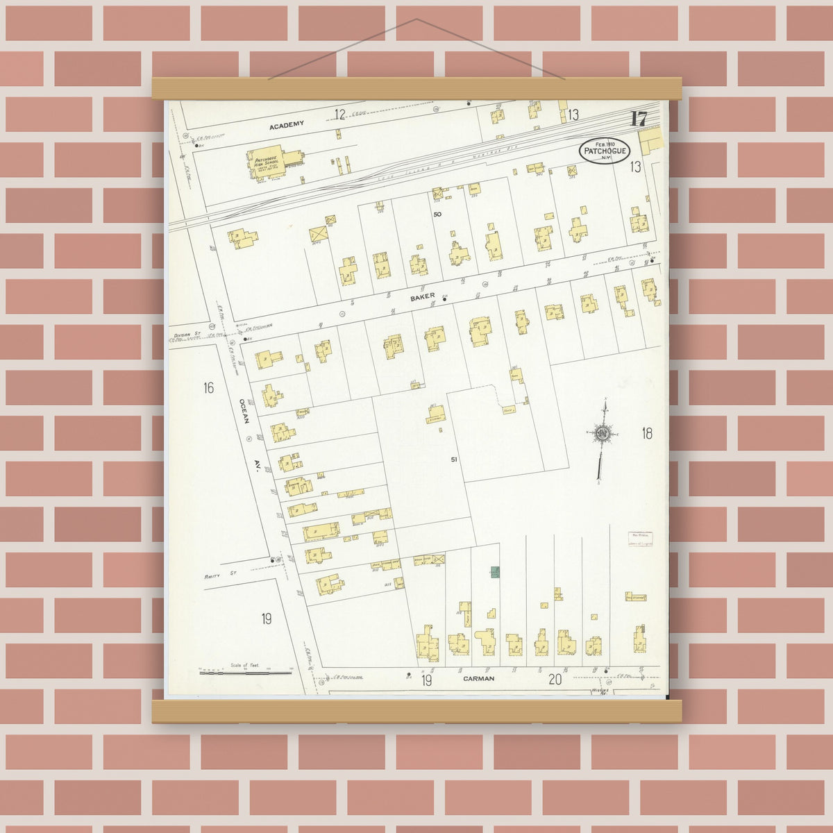 Old map wall art mockup — magnetic wood frame on brick wall — Sanborn Fire Insurance Map from Patchogue, Suffolk County, New York (1910), Sheet #0017