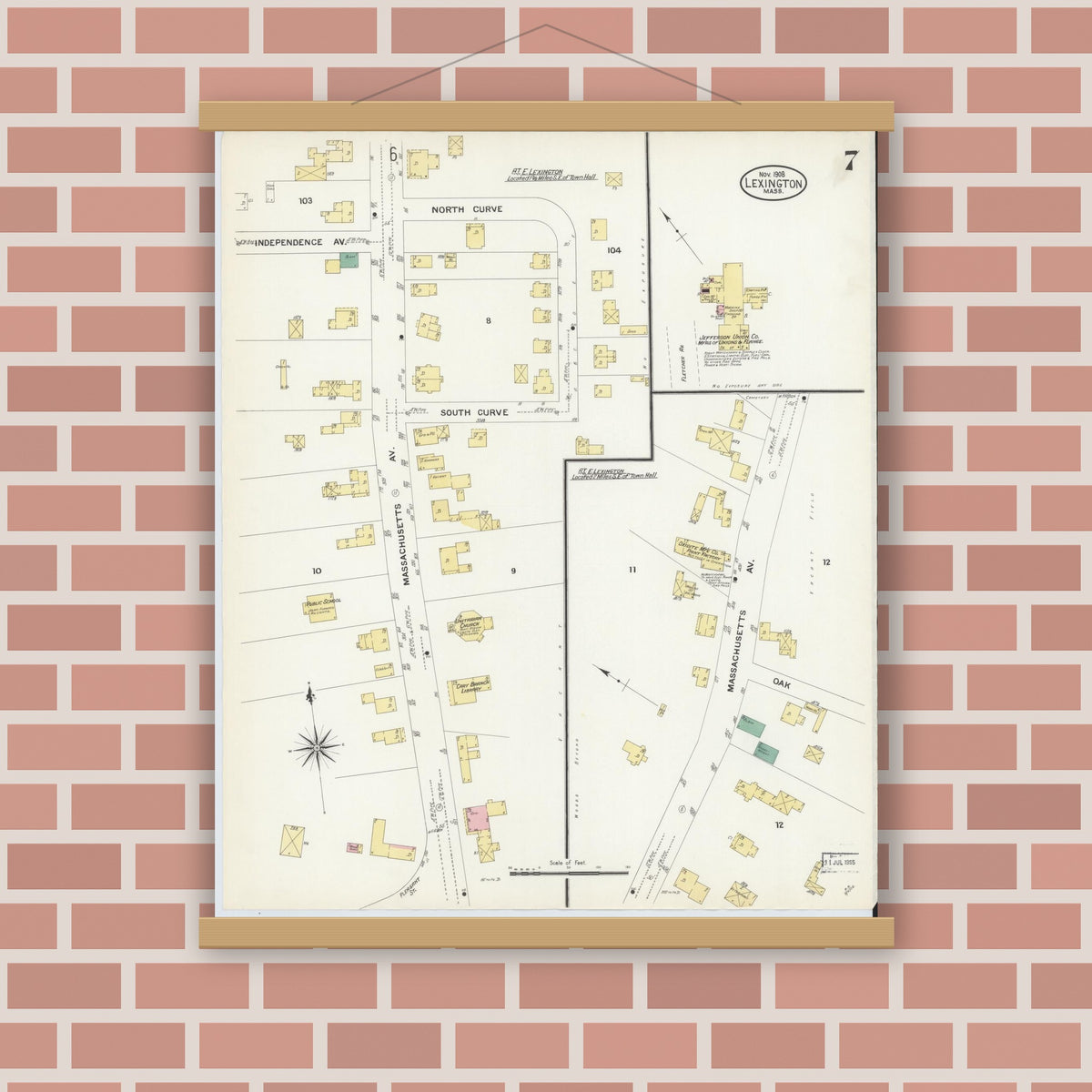 Old map wall art mockup — magnetic wood frame on brick wall — Sanborn Fire Insurance Map from Lexington, Middlesex County, Massachusetts (1908), Sheet #0007