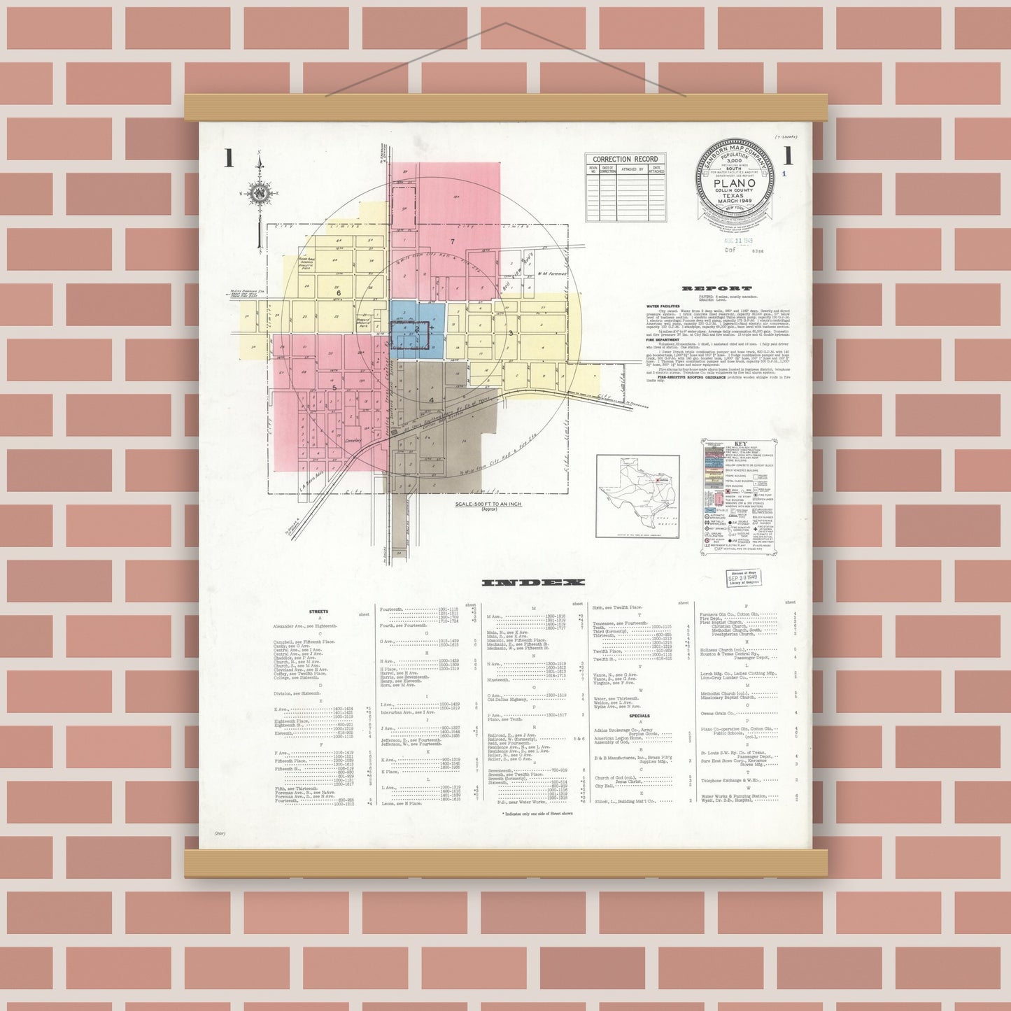 Old map wall art mockup — magnetic wood frame on brick wall — Sanborn Fire Insurance Map from Plano, Collin County, Texas (1949), Sheet #0001
