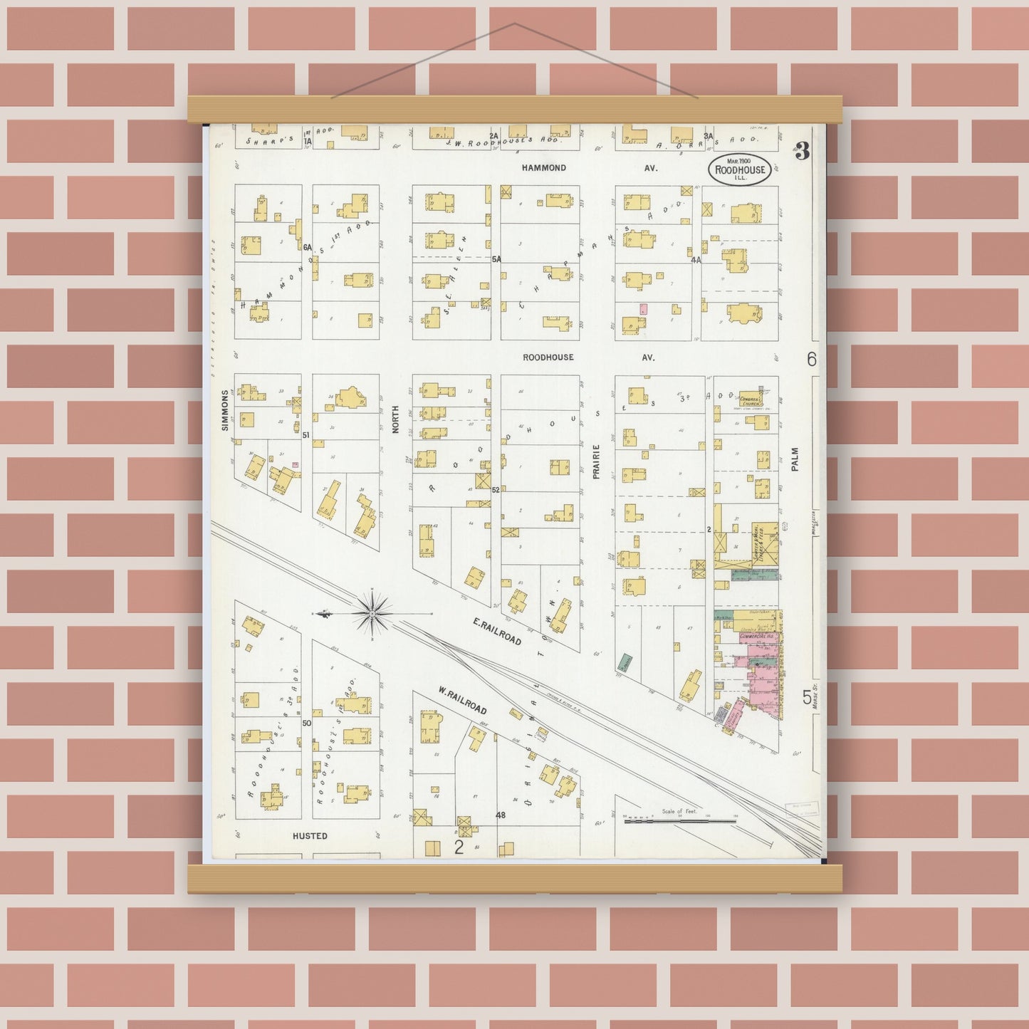 Old map wall art mockup — magnetic wood frame on brick wall — Sanborn Fire Insurance Map from Roodhouse, Greene County, Illinois (1900), Sheet #0003