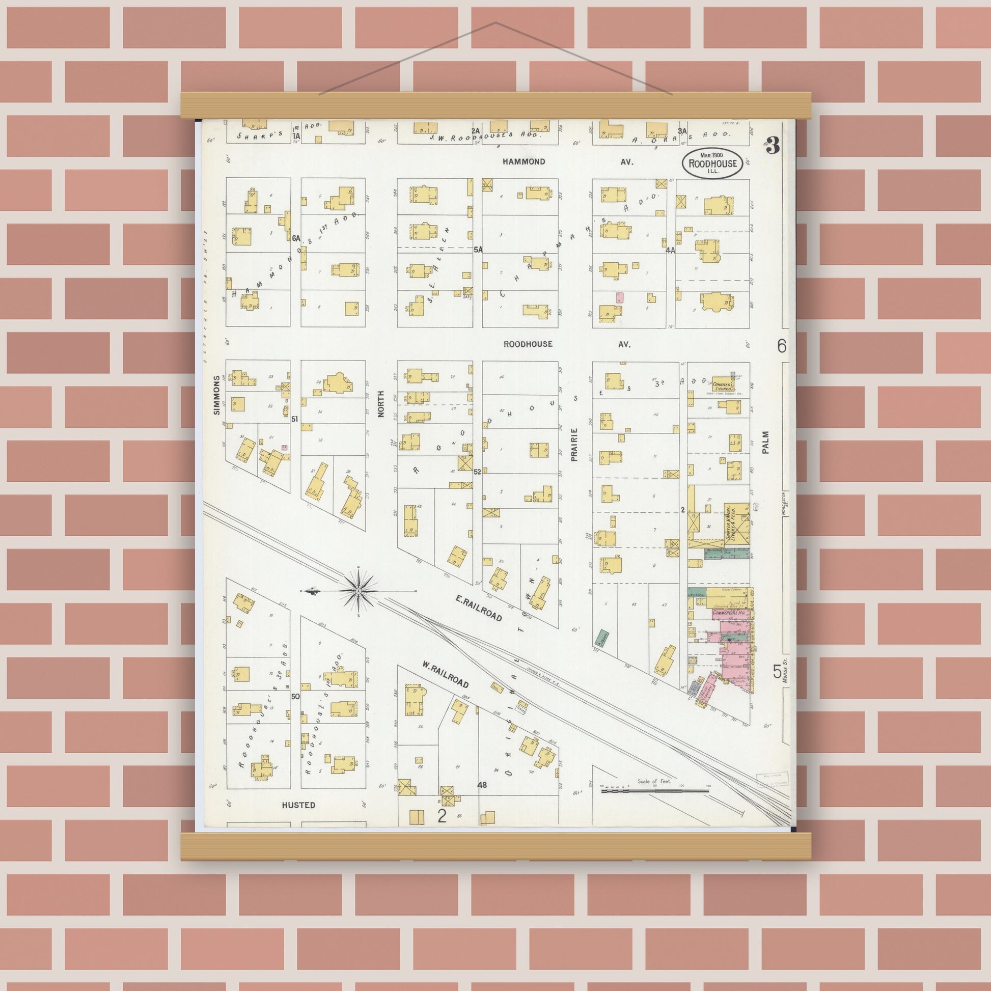 Old map wall art mockup — magnetic wood frame on brick wall — Sanborn Fire Insurance Map from Roodhouse, Greene County, Illinois (1900), Sheet #0003