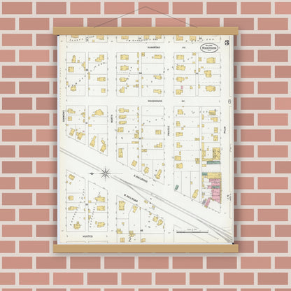 Old map wall art mockup — magnetic wood frame on brick wall — Sanborn Fire Insurance Map from Roodhouse, Greene County, Illinois (1900), Sheet #0003