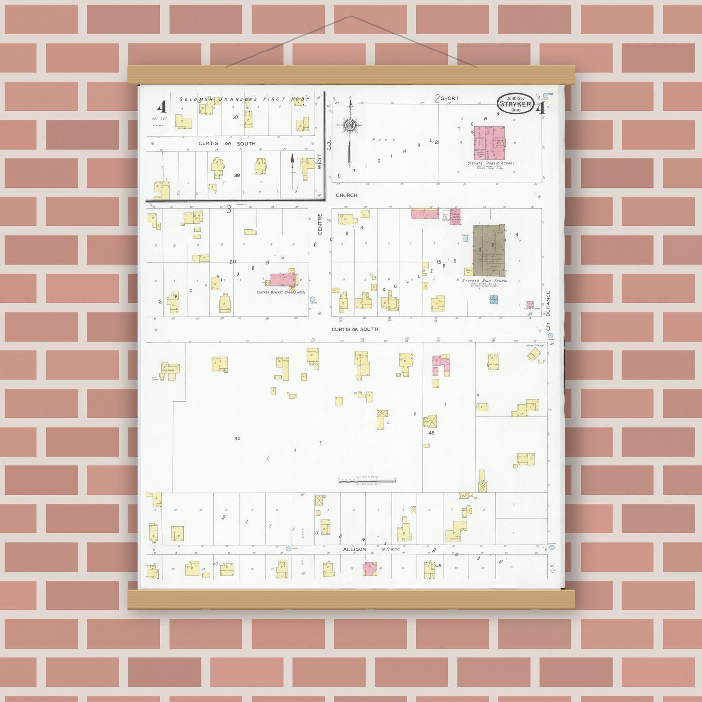 Old map wall art mockup — magnetic wood frame on brick wall — Sanborn Fire Insurance Map from Stryker, Williams County, Ohio (1930), Sheet #0004