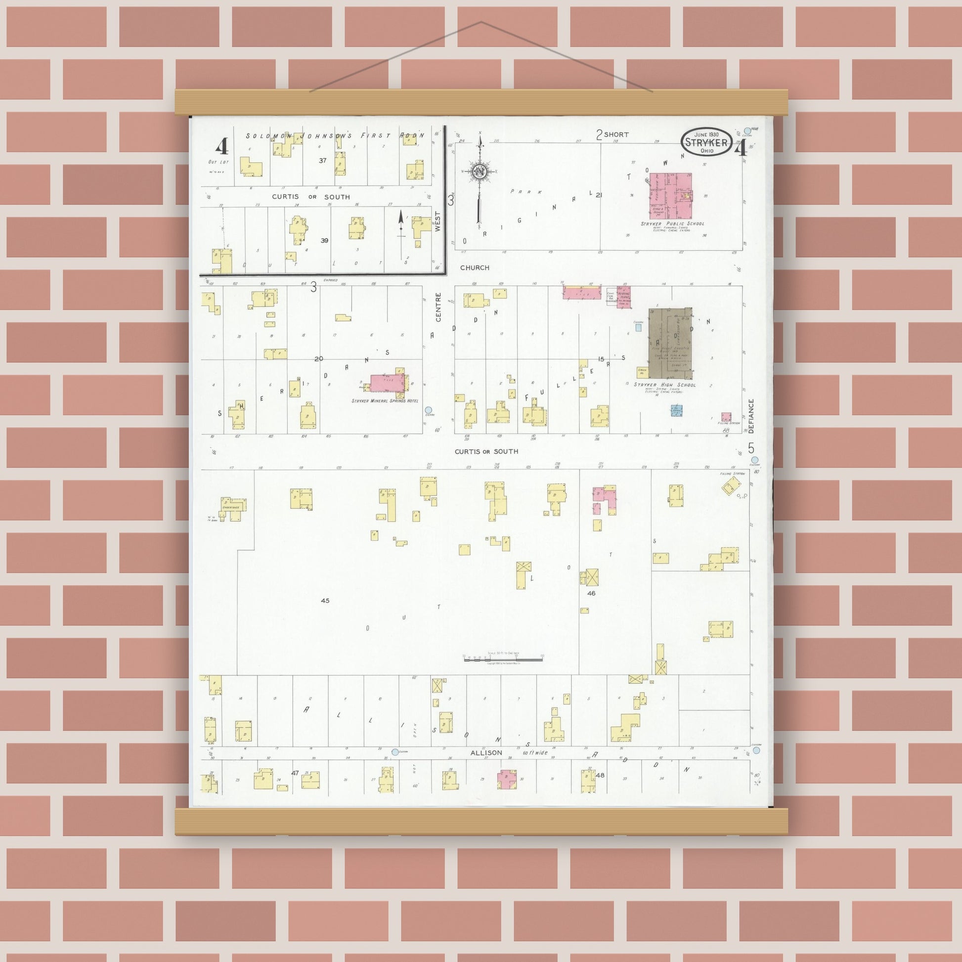 Old map wall art mockup — magnetic wood frame on brick wall — Sanborn Fire Insurance Map from Stryker, Williams County, Ohio (1930), Sheet #0004