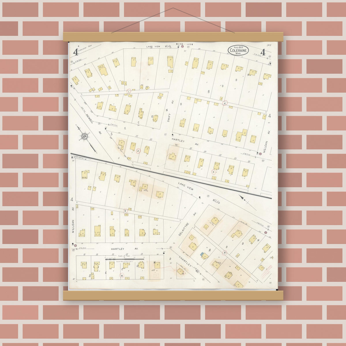 Old map wall art mockup — magnetic wood frame on brick wall — Sanborn Fire Insurance Map from Coleraine, Itasca County, Minnesota (1944), Sheet #0004