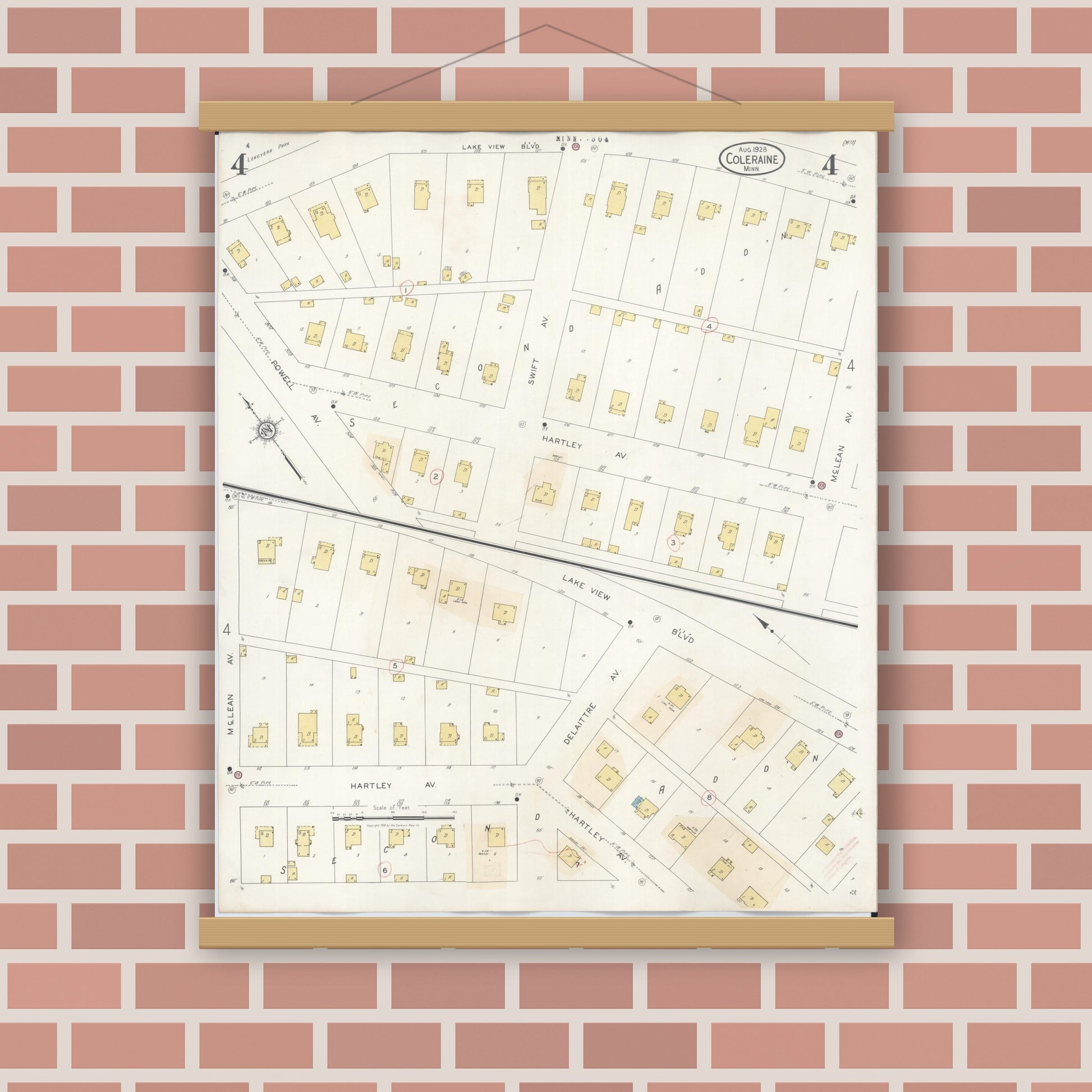 Old map wall art mockup — magnetic wood frame on brick wall — Sanborn Fire Insurance Map from Coleraine, Itasca County, Minnesota (1944), Sheet #0004