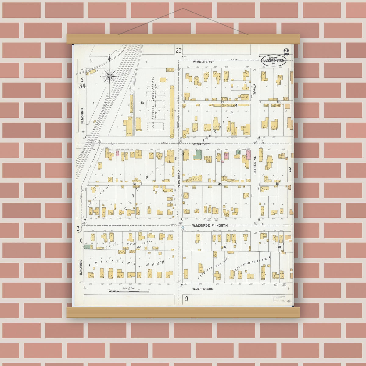 Old map wall art mockup — magnetic wood frame on brick wall — Sanborn Fire Insurance Map from Bloomington, McLean County, Illinois (1901), Sheet #0002
