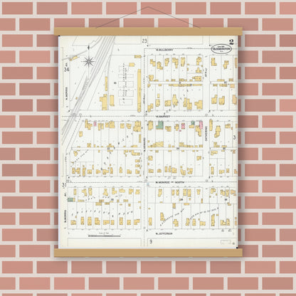 Old map wall art mockup — magnetic wood frame on brick wall — Sanborn Fire Insurance Map from Bloomington, McLean County, Illinois (1901), Sheet #0002