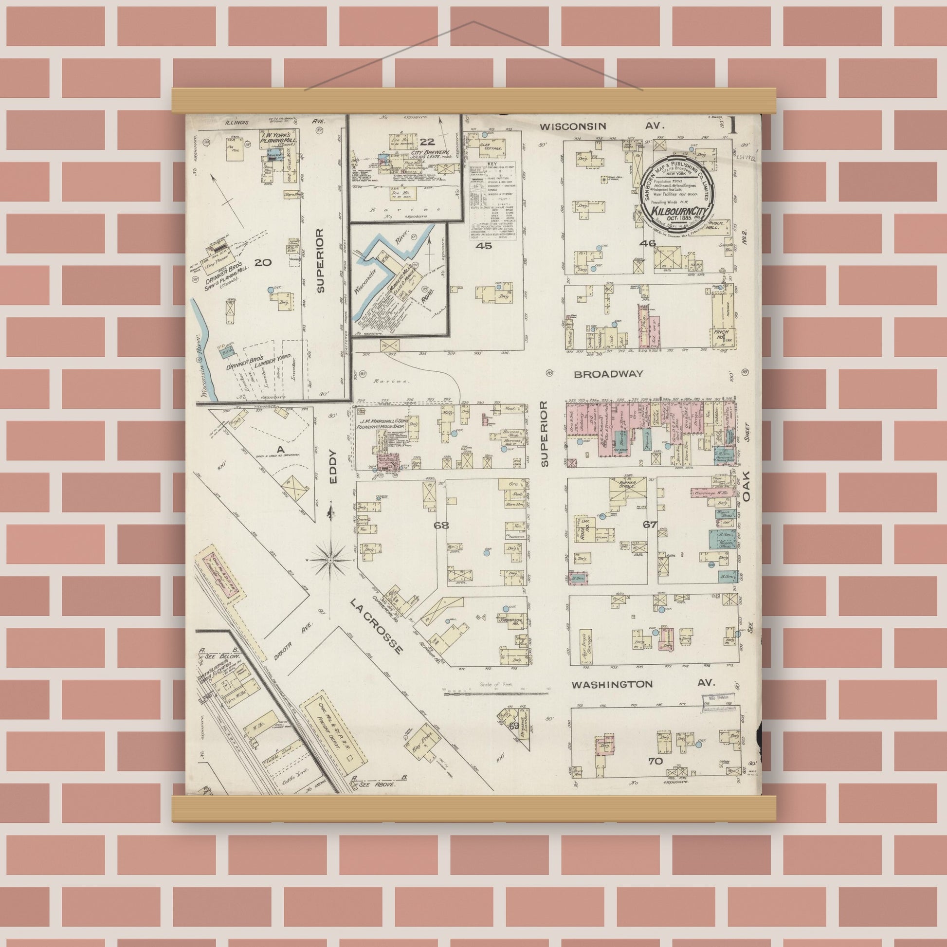 Old map wall art mockup — magnetic wood frame on brick wall — Sanborn Fire Insurance Map from Kilbourn, Columbia County, Wisconsin (1885), Sheet #0001