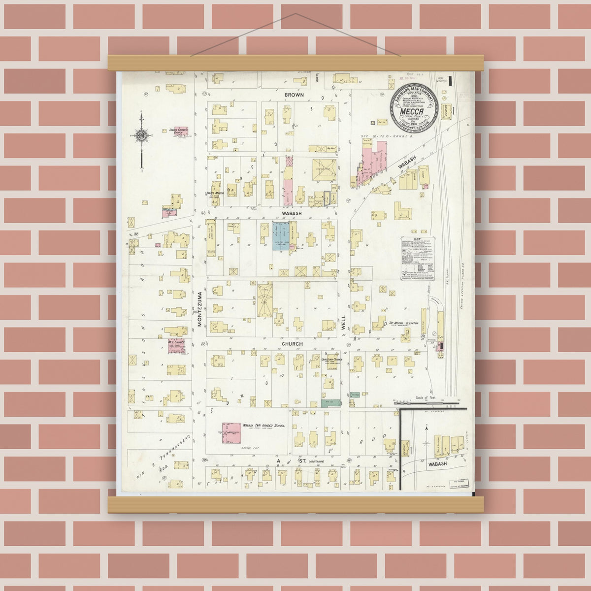 Old map wall art mockup — magnetic wood frame on brick wall — Sanborn Fire Insurance Map from Mecca, Parke County, Indiana (1910), Sheet #0001