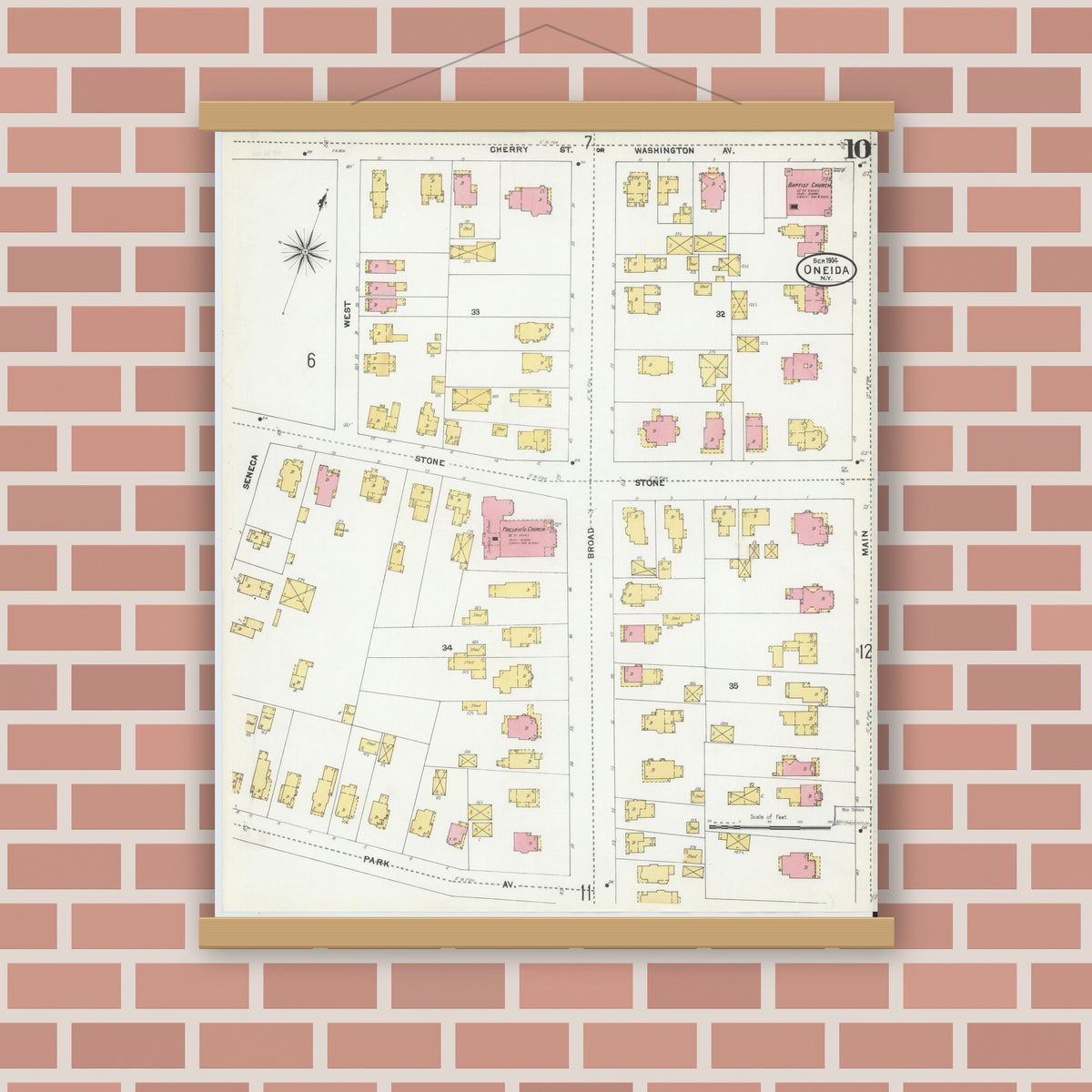 Old map wall art mockup — magnetic wood frame on brick wall — Sanborn Fire Insurance Map from Oneida, Madison County, New York (1904), Sheet #0009