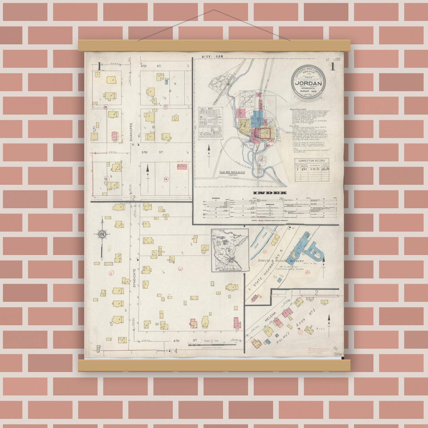Old map wall art mockup — magnetic wood frame on brick wall — Sanborn Fire Insurance Map from Jordan, Scott County, Minnesota (1933), Sheet #0001