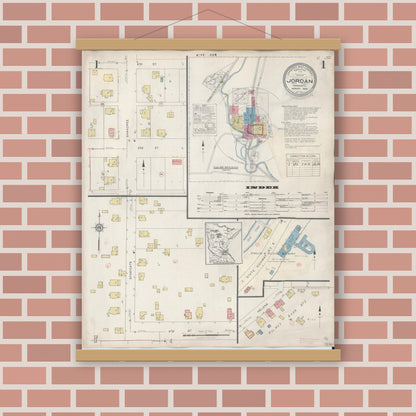 Old map wall art mockup — magnetic wood frame on brick wall — Sanborn Fire Insurance Map from Jordan, Scott County, Minnesota (1933), Sheet #0001