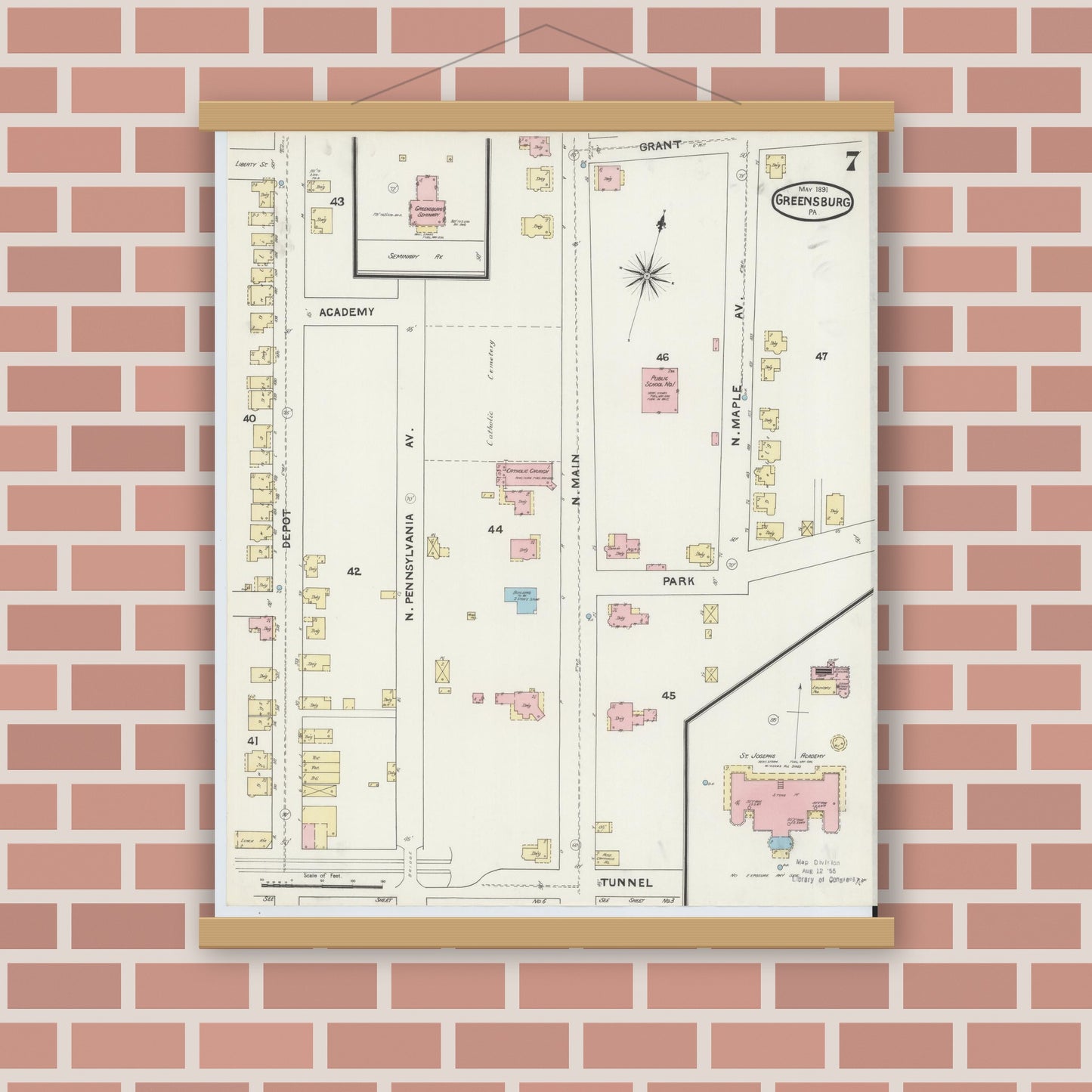 Old map wall art mockup — magnetic wood frame on brick wall — Sanborn Fire Insurance Map from Greensburg, Westmoreland County, Pennsylvania (1891), Sheet #0007