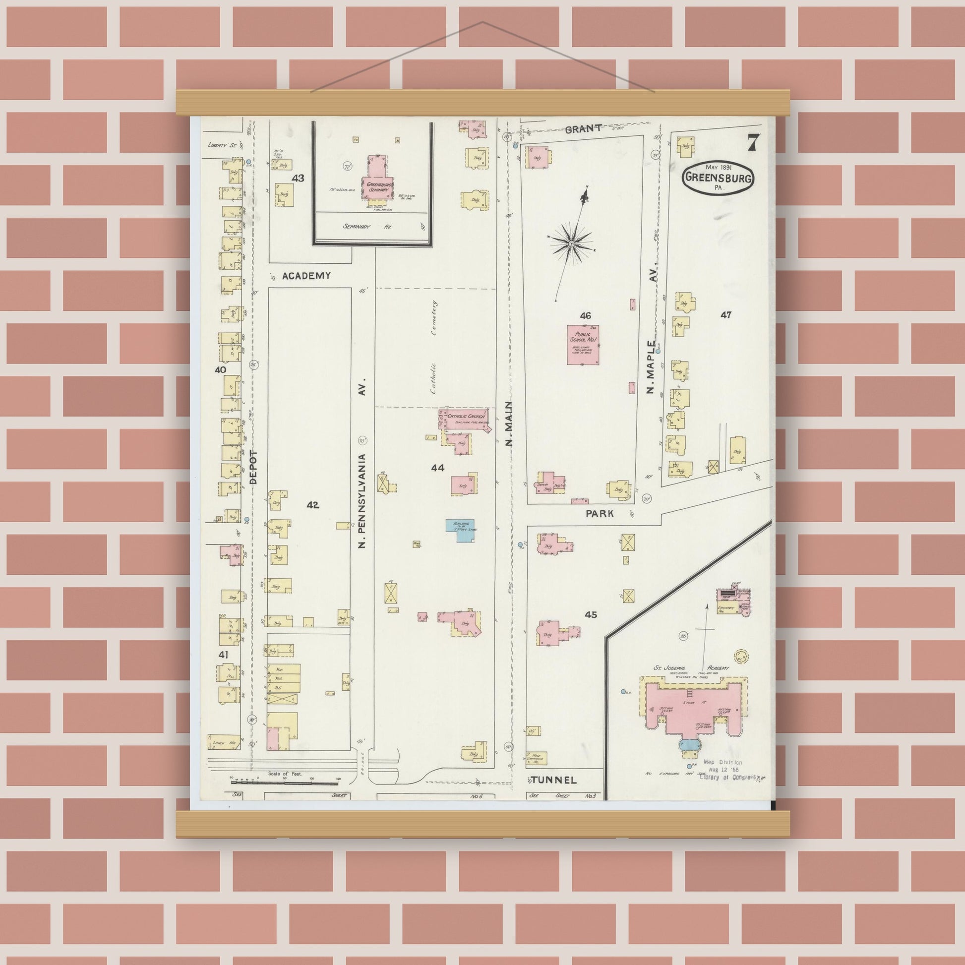 Old map wall art mockup — magnetic wood frame on brick wall — Sanborn Fire Insurance Map from Greensburg, Westmoreland County, Pennsylvania (1891), Sheet #0007