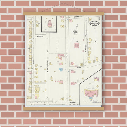 Old map wall art mockup — magnetic wood frame on brick wall — Sanborn Fire Insurance Map from Greensburg, Westmoreland County, Pennsylvania (1891), Sheet #0007