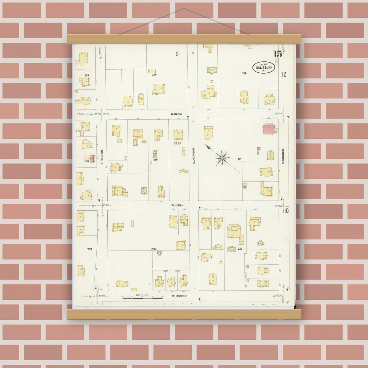 Old map wall art mockup — magnetic wood frame on brick wall — Sanborn Fire Insurance Map from Salisbury, Rowan County, North Carolina (1907), Sheet #0015