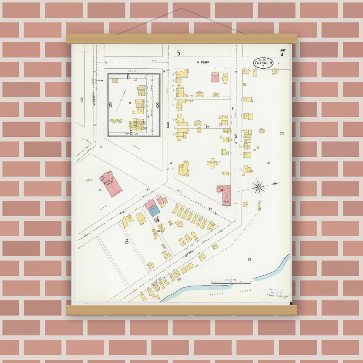 Old map wall art mockup — magnetic wood frame on brick wall — Sanborn Fire Insurance Map from Franklin, Venango County, Pennsylvania (1901), Sheet #0007