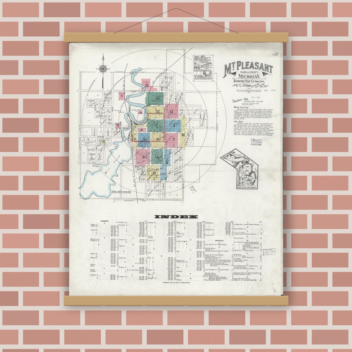 Old map wall art mockup — magnetic wood frame on brick wall — Sanborn Fire Insurance Map from Mount Pleasant, Isabella County, Michigan (1924), Sheet #0001