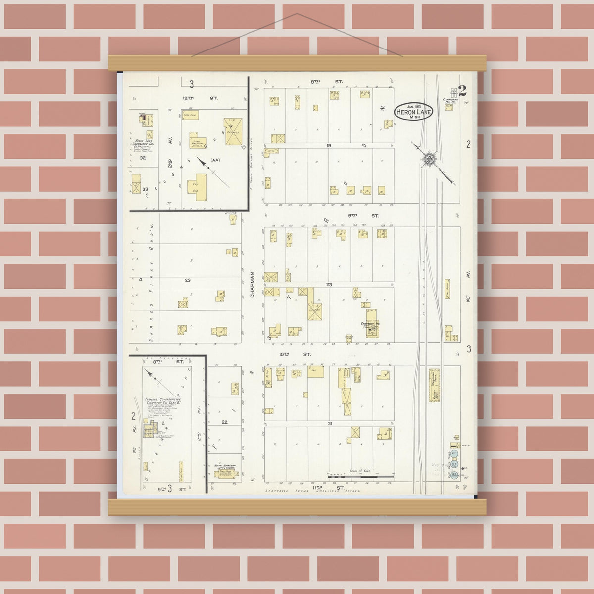Old map wall art mockup — magnetic wood frame on brick wall — Sanborn Fire Insurance Map from Heron Lake, Jackson County, Minnesota (1913), Sheet #0002