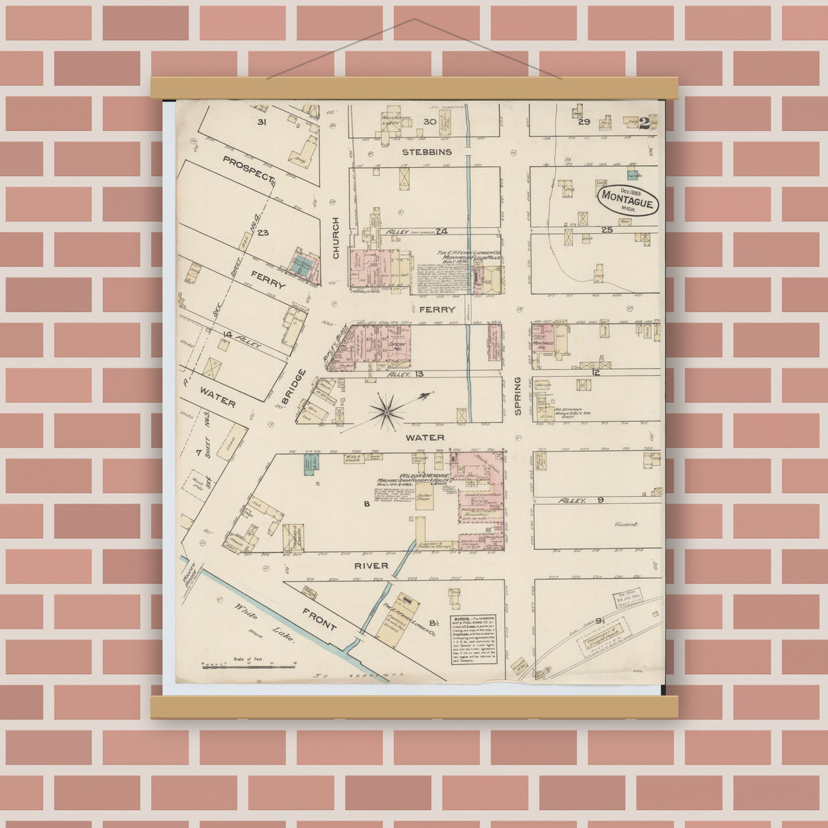 Old map wall art mockup — magnetic wood frame on brick wall — Sanborn Fire Insurance Map from Montague, Muskegon County, Michigan (1883), Sheet #0002