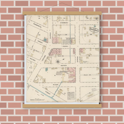 Old map wall art mockup — magnetic wood frame on brick wall — Sanborn Fire Insurance Map from Montague, Muskegon County, Michigan (1883), Sheet #0002