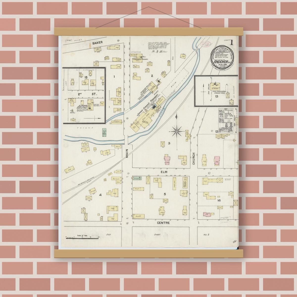 Old map wall art mockup — magnetic wood frame on brick wall — Sanborn Fire Insurance Map from Andover, Allegany County, New York (1888), Sheet #0001
