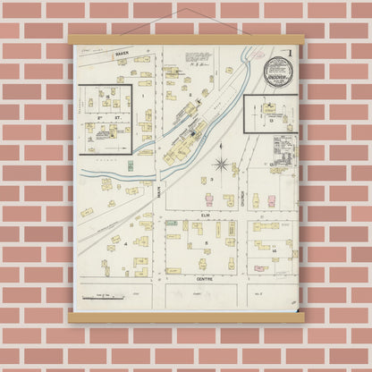 Old map wall art mockup — magnetic wood frame on brick wall — Sanborn Fire Insurance Map from Andover, Allegany County, New York (1888), Sheet #0001