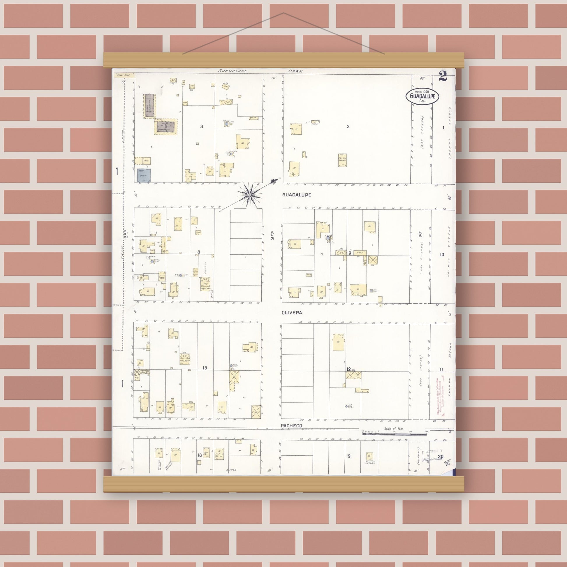 Old map wall art mockup — magnetic wood frame on brick wall — Sanborn Fire Insurance Map from Guadalupe, Santa Barbara County, California (1909), Sheet #0002