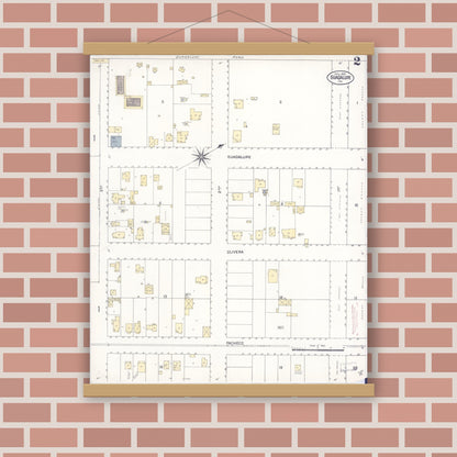 Old map wall art mockup — magnetic wood frame on brick wall — Sanborn Fire Insurance Map from Guadalupe, Santa Barbara County, California (1909), Sheet #0002