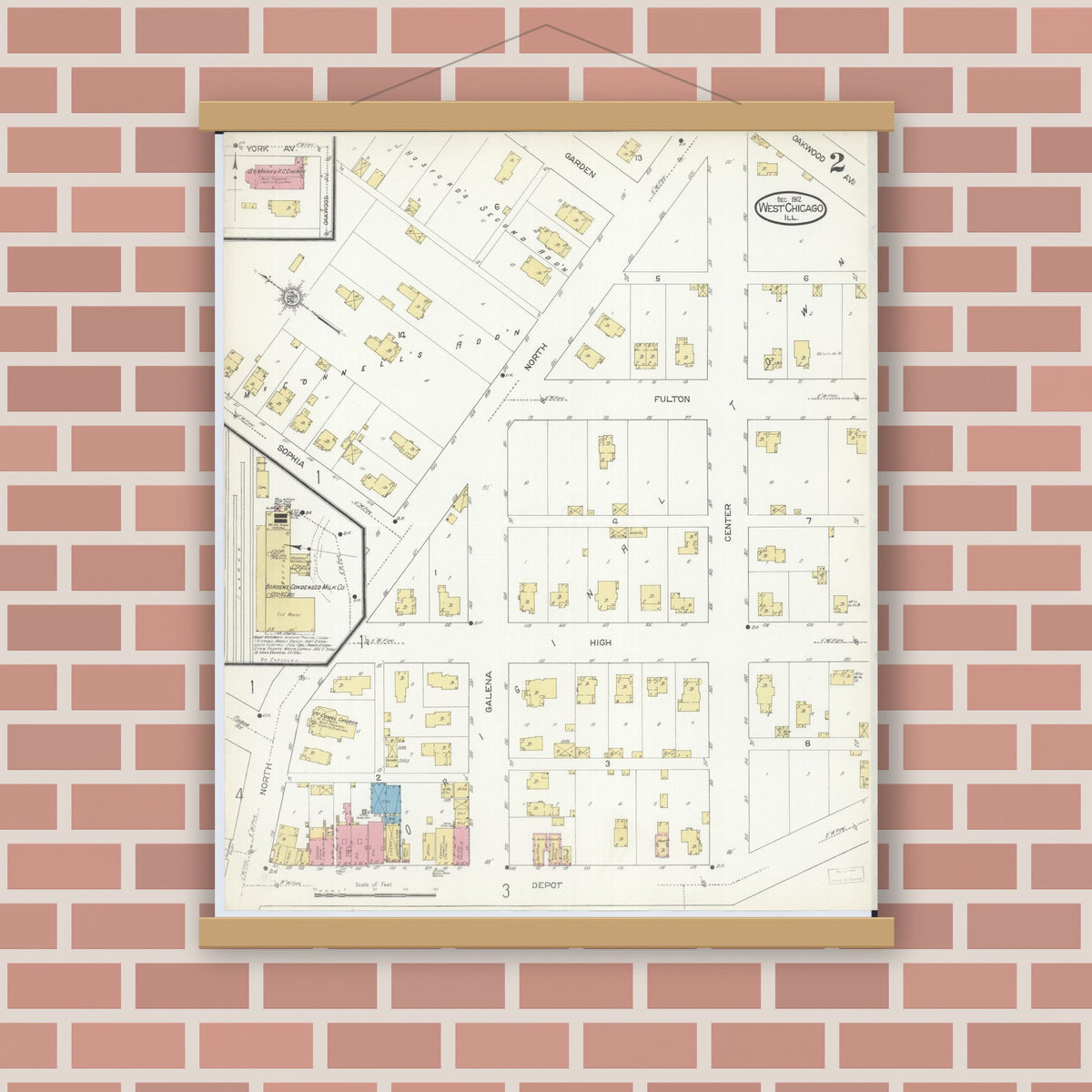 Old map wall art mockup — magnetic wood frame on brick wall — Sanborn Fire Insurance Map from West Chicago, Du Page County, Illinois (1912), Sheet #0002