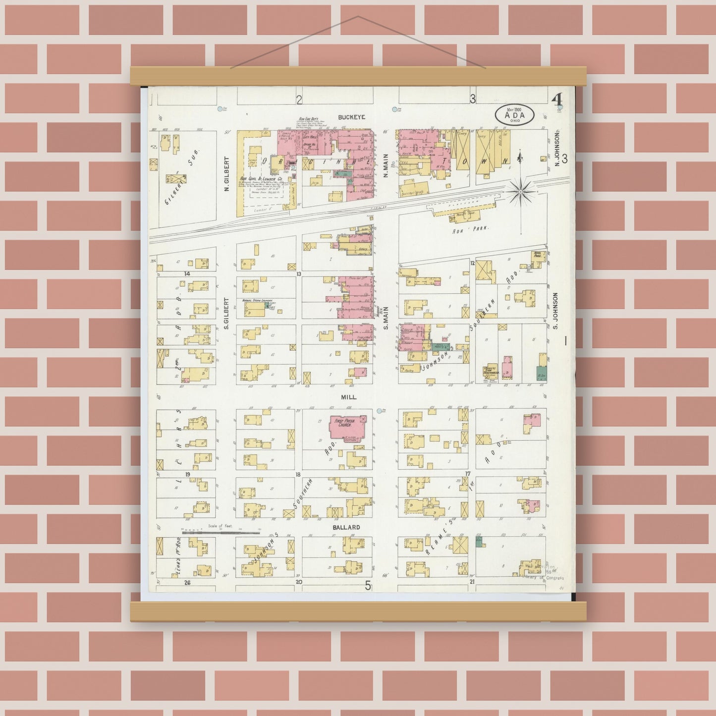 Old map wall art mockup — magnetic wood frame on brick wall — Sanborn Fire Insurance Map from Ada, Hardin County, Ohio (1900), Sheet #0004