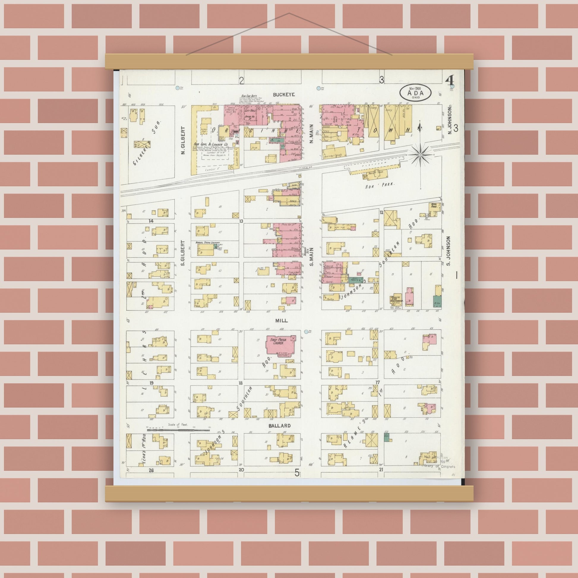 Old map wall art mockup — magnetic wood frame on brick wall — Sanborn Fire Insurance Map from Ada, Hardin County, Ohio (1900), Sheet #0004
