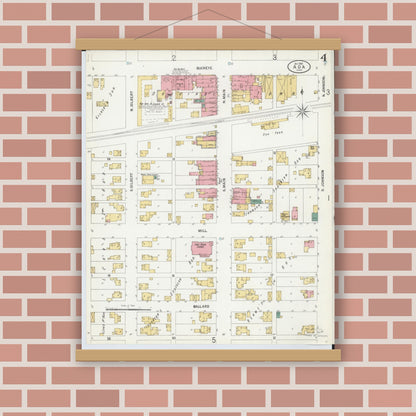 Old map wall art mockup — magnetic wood frame on brick wall — Sanborn Fire Insurance Map from Ada, Hardin County, Ohio (1900), Sheet #0004