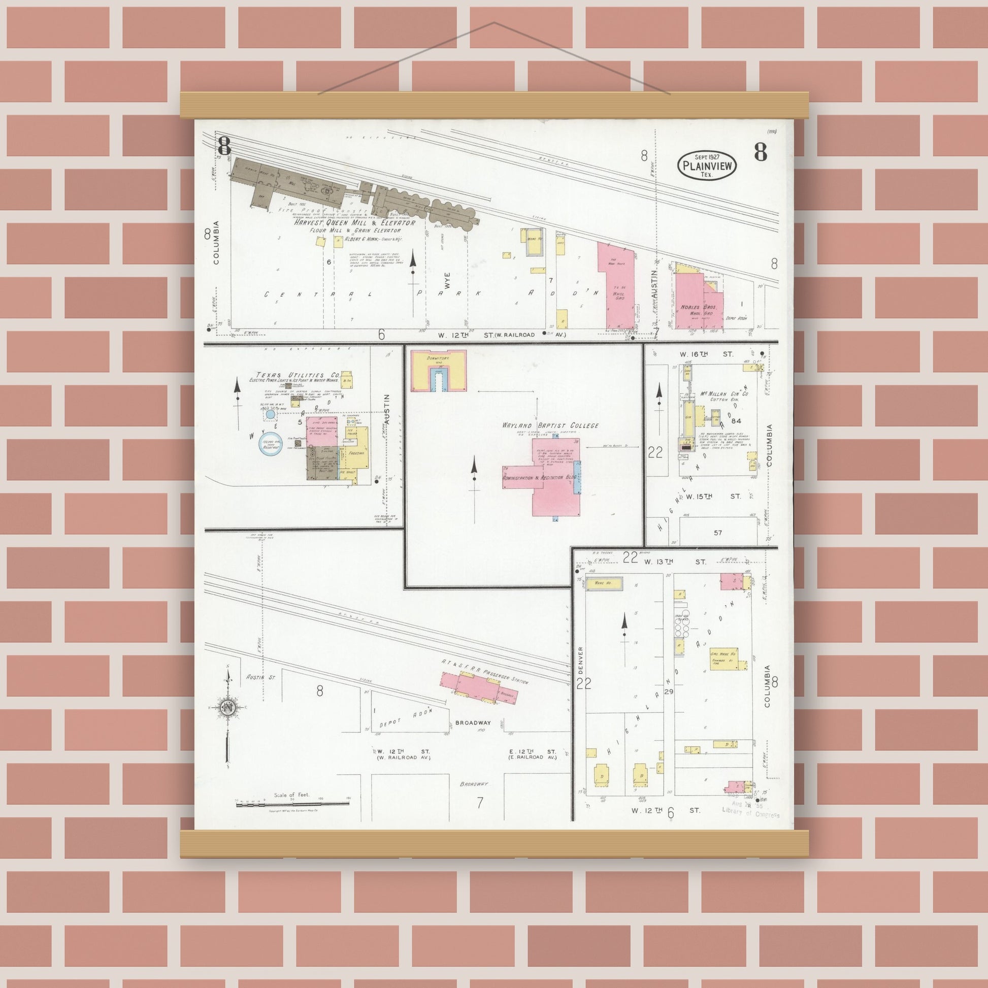 Old map wall art mockup — magnetic wood frame on brick wall — Sanborn Fire Insurance Map from Plainview, Hale County, Texas (1927), Sheet #0008