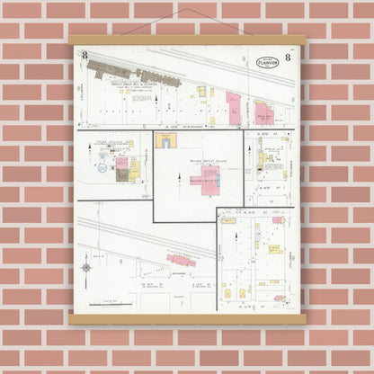 Old map wall art mockup — magnetic wood frame on brick wall — Sanborn Fire Insurance Map from Plainview, Hale County, Texas (1927), Sheet #0008