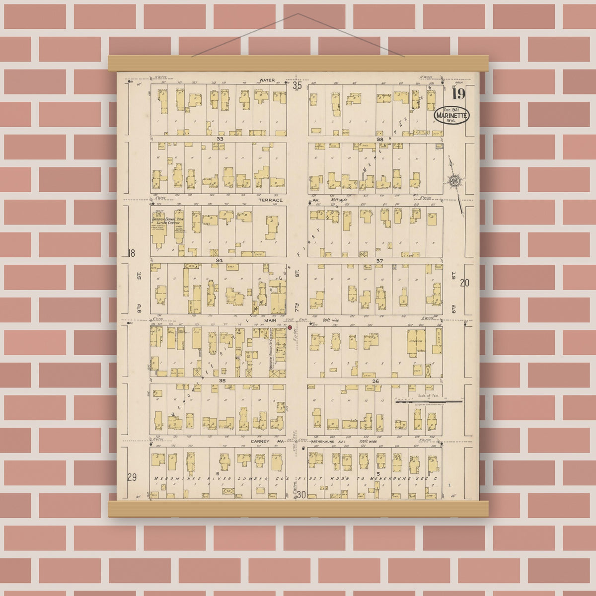 Old map wall art mockup — magnetic wood frame on brick wall — Sanborn Fire Insurance Map from Marinette, Marinette County, Wisconsin (1921), Sheet #0019