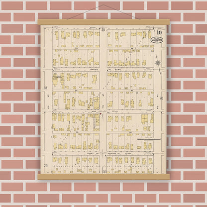 Old map wall art mockup — magnetic wood frame on brick wall — Sanborn Fire Insurance Map from Marinette, Marinette County, Wisconsin (1921), Sheet #0019