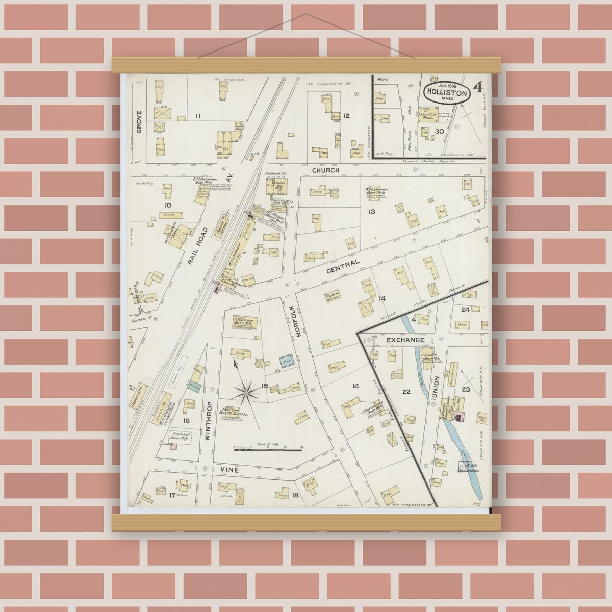 Old map wall art mockup — magnetic wood frame on brick wall — Sanborn Fire Insurance Map from Holliston, Middlesex County, Massachusetts (1888), Sheet #0004