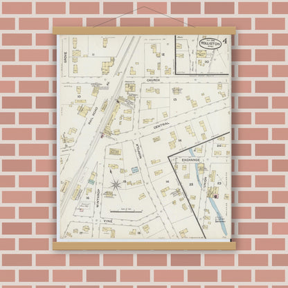 Old map wall art mockup — magnetic wood frame on brick wall — Sanborn Fire Insurance Map from Holliston, Middlesex County, Massachusetts (1888), Sheet #0004