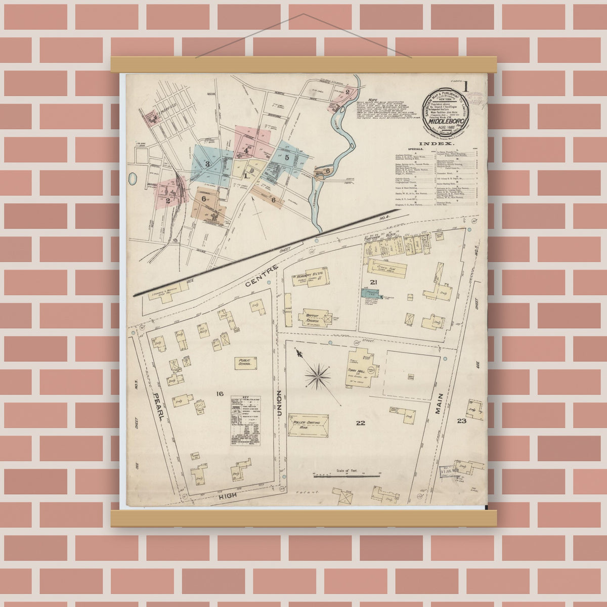 Old map wall art mockup — magnetic wood frame on brick wall — Sanborn Fire Insurance Map from Middleboro, Plymouth County, Massachusetts (1885) - Complete Map Set