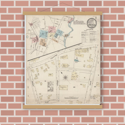 Old map wall art mockup — magnetic wood frame on brick wall — Sanborn Fire Insurance Map from Middleboro, Plymouth County, Massachusetts (1885) - Complete Map Set