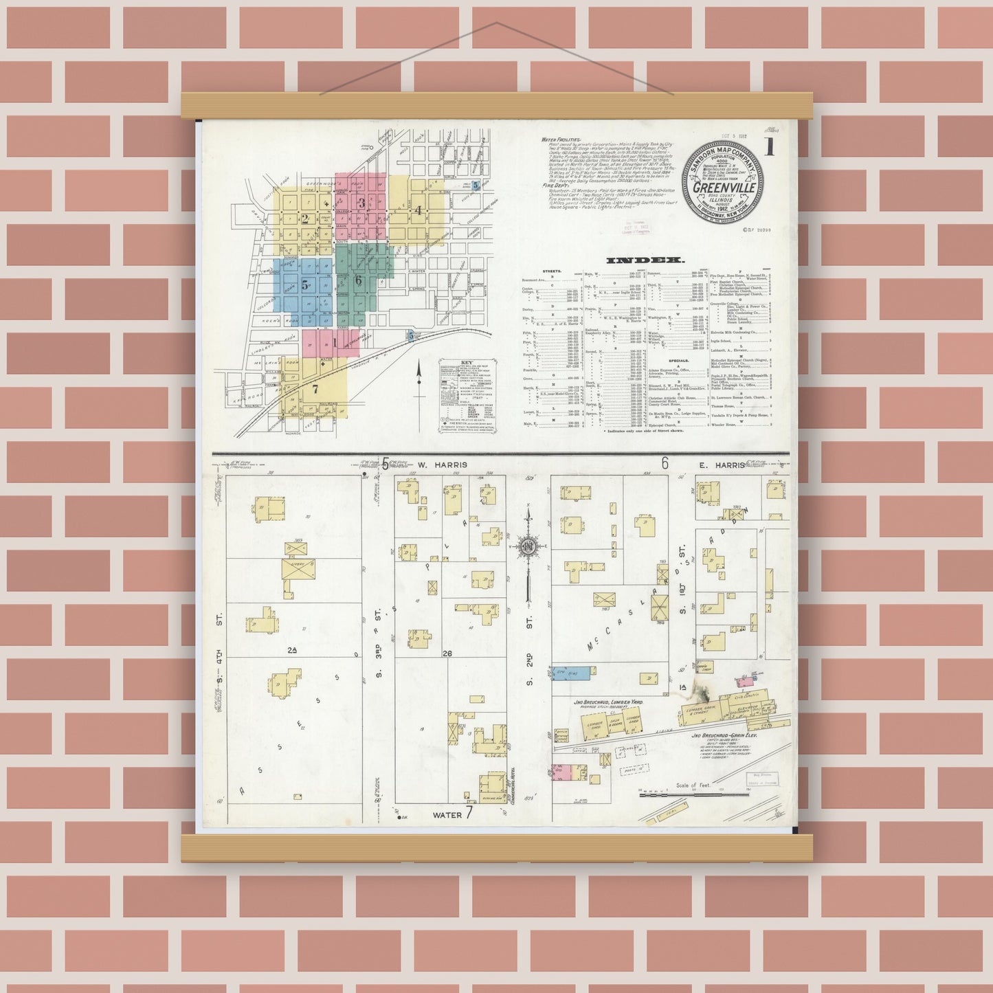 Old map wall art mockup — magnetic wood frame on brick wall — Sanborn Fire Insurance Map from Greenville, Bond County, Illinois (1912) - Complete Map Set