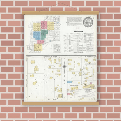 Old map wall art mockup — magnetic wood frame on brick wall — Sanborn Fire Insurance Map from Greenville, Bond County, Illinois (1912) - Complete Map Set