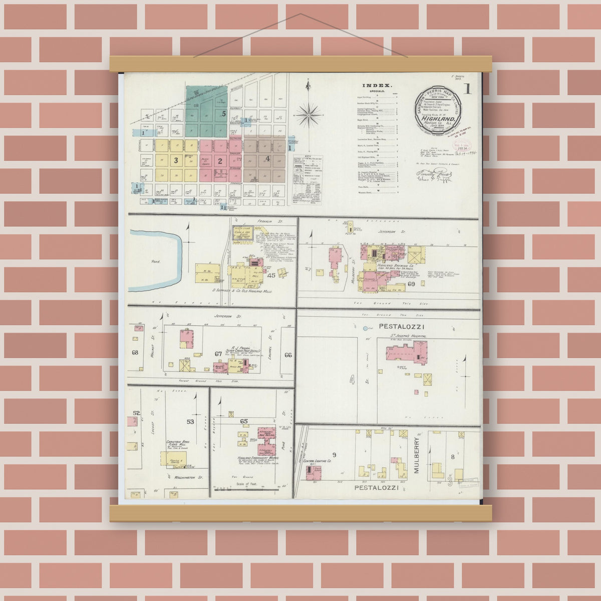 Old map wall art mockup — magnetic wood frame on brick wall — Sanborn Fire Insurance Map from Highland, Madison County, Illinois (1894) - Complete Map Set