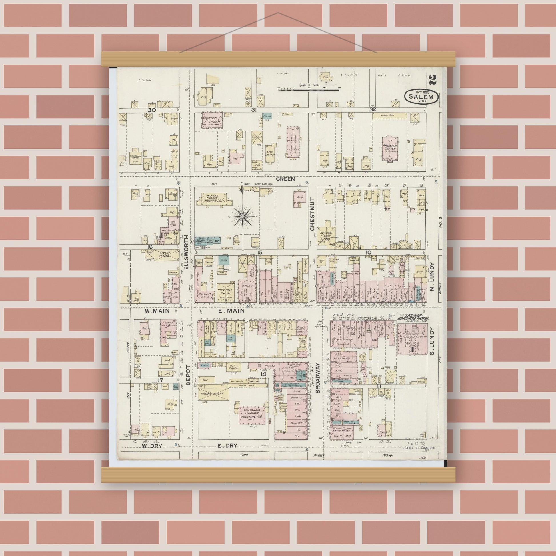 Old map wall art mockup — magnetic wood frame on brick wall — Sanborn Fire Insurance Map from Salem, Columbiana County, Ohio (1887), Sheet #0002