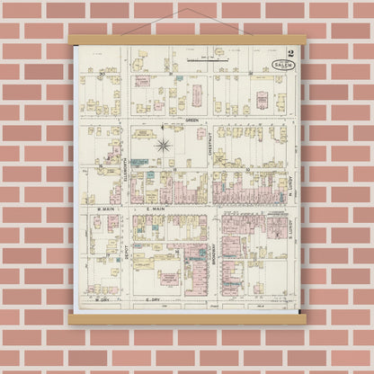 Old map wall art mockup — magnetic wood frame on brick wall — Sanborn Fire Insurance Map from Salem, Columbiana County, Ohio (1887), Sheet #0002
